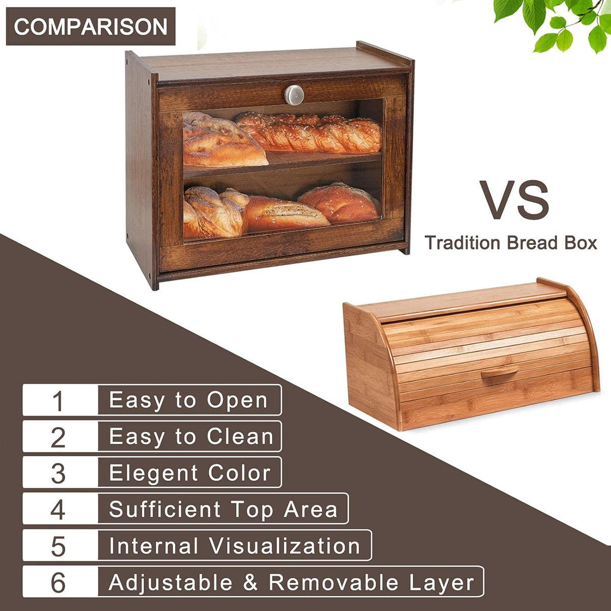 Bamboo Wooden Bread Box for Kitchen Countertop, Storage Box with Transparent Window, 2-Layer Large Capacity, Kitchen Bread Holder, Self Assembly