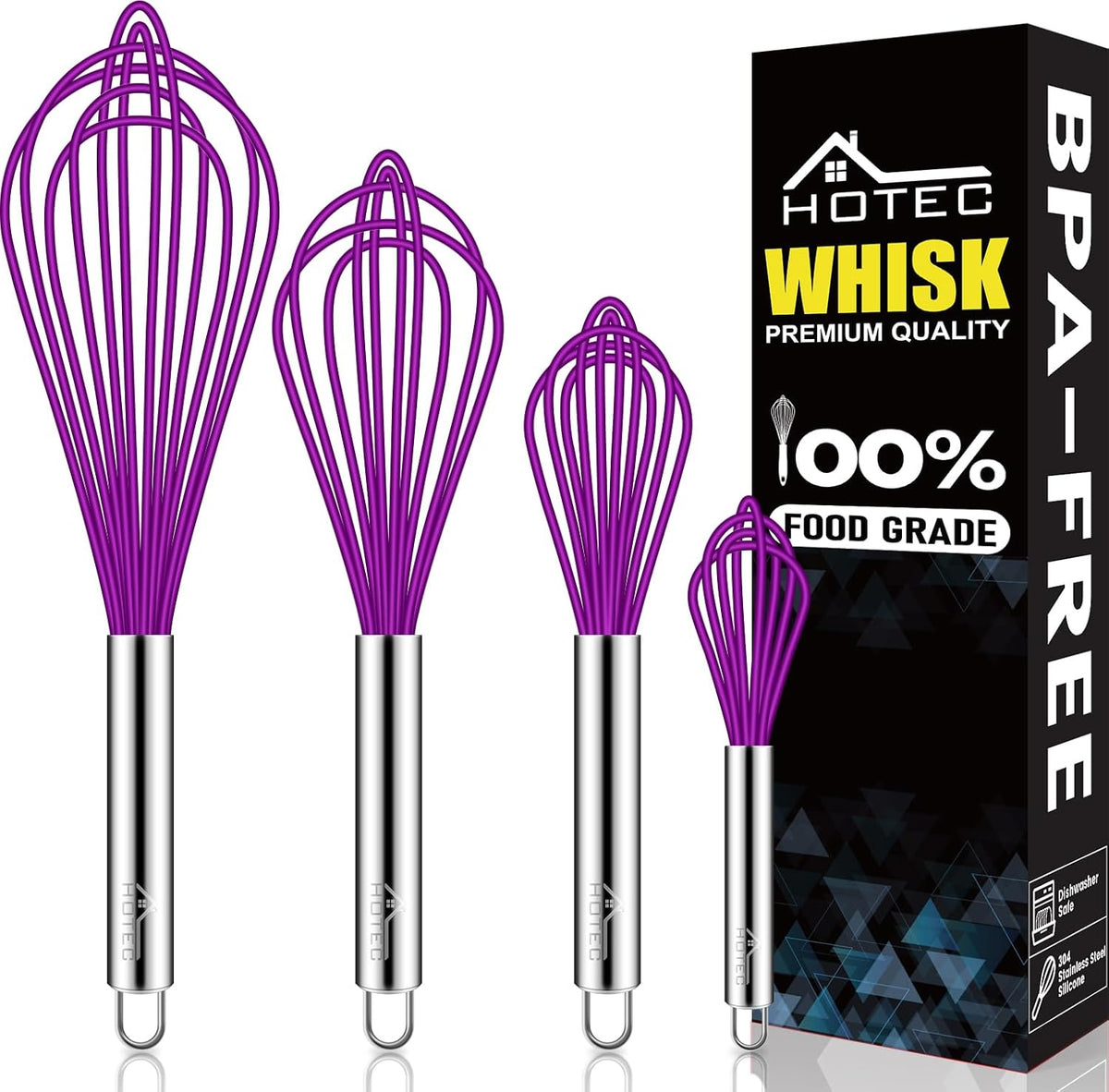 HOTEC 4 Pieces Silicone Whisks Set, Wire Balloon Whisks Egg Beater, Non-slip Handle Whisk for Non-stick Cookware Perfect for Cooking, Stirring, Beating and Blending (Purple)
