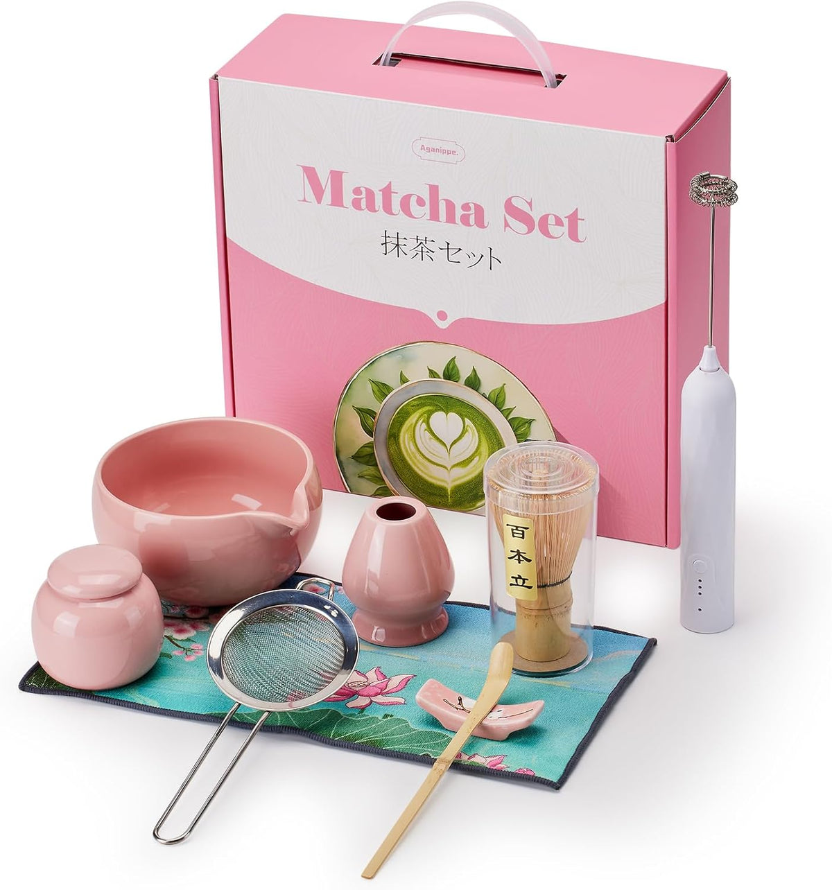 Matcha Whisk Set,9 Pcs Japanese Matcha Set Pink, Matcha Kit with Sifter, Matcha Tea Cloth, Matcha Powder Canister, Electric Rechargeable Frother(Pink)