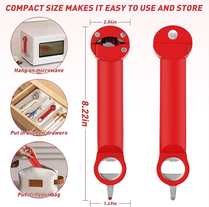 Jar Opener Bottle Opener for Seniors with Arthritis, Multi Retractable Magnetic Can Opener, Jar Grippers for Opening Jars, Kitchen Gadgets for Weak Hands and Senior Arthritis (Red)