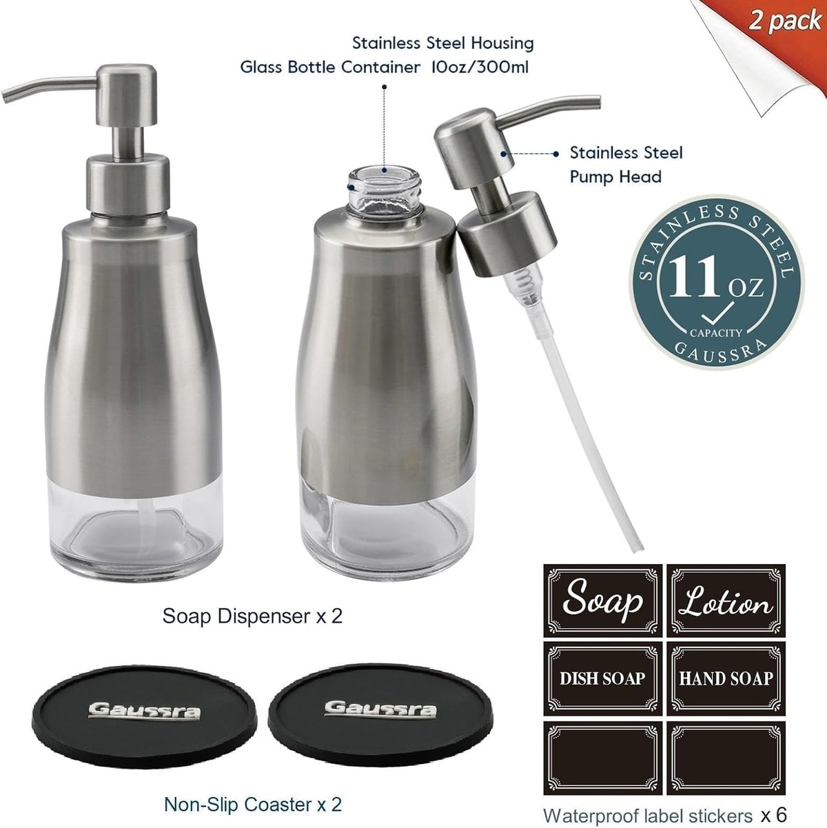 2 Pack Soap Dispenser with Coaster and Stickers, Stainless Steel Case Glass Liner Hand Pump Dispenser, Refillable Liquid Hand Soap Dispenser for Bathroom & Kitchen - Brushed Nickel