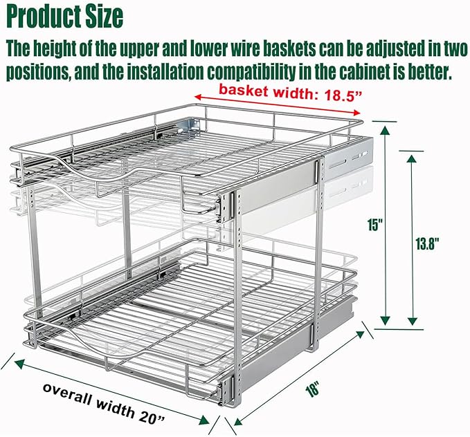 DINDON 2 Tier Pull Out Cabinet Organizer (20" W X 18" D), Double Tier Wire Basket Slide Out Shelf Storage for Kitchen Base Cabinet Organization for Kitchen, Pantry, Bathroom, Chrome