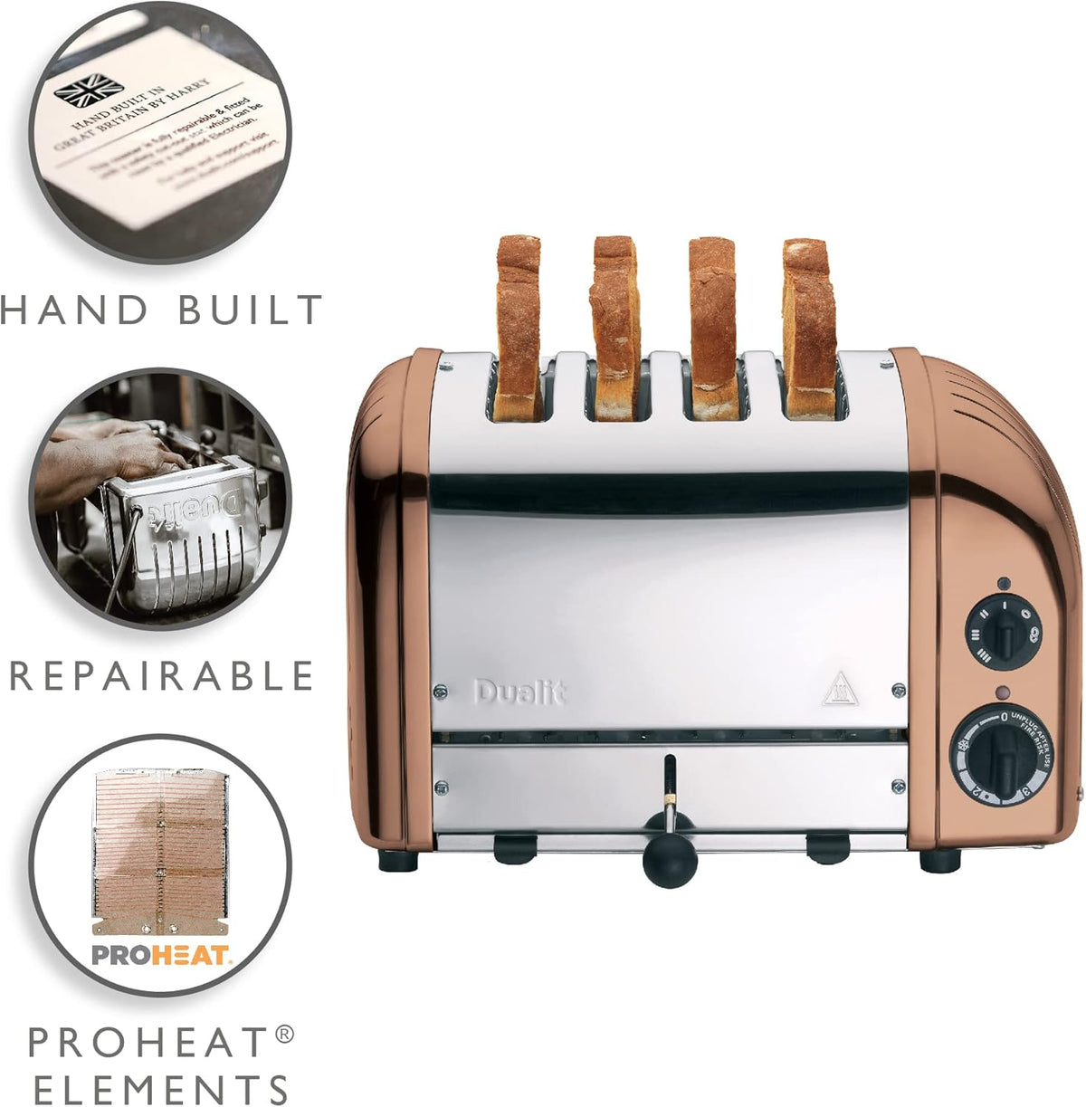 Dualit Classic 4 Slice NewGen Toaster - Stainless Steel - Hand Built in the UK - Replaceable ProHeat elements - Defrost Bread - Mechanical Timer - Copper Classic Toaster