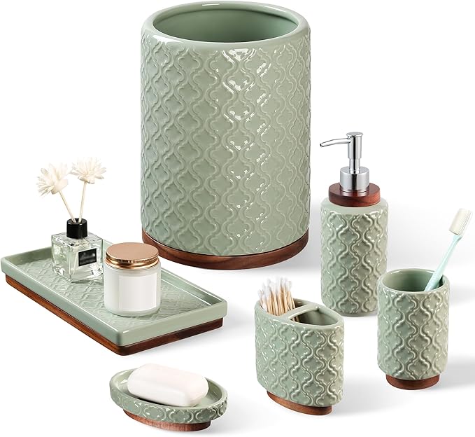 Bathroom Accessories Set 6 Pieces Toothbrush Holder Soap Dispenser Ceramic Bathroom Accessory Set Contain Toothbrush Cup Soap Dish Tumbler Green