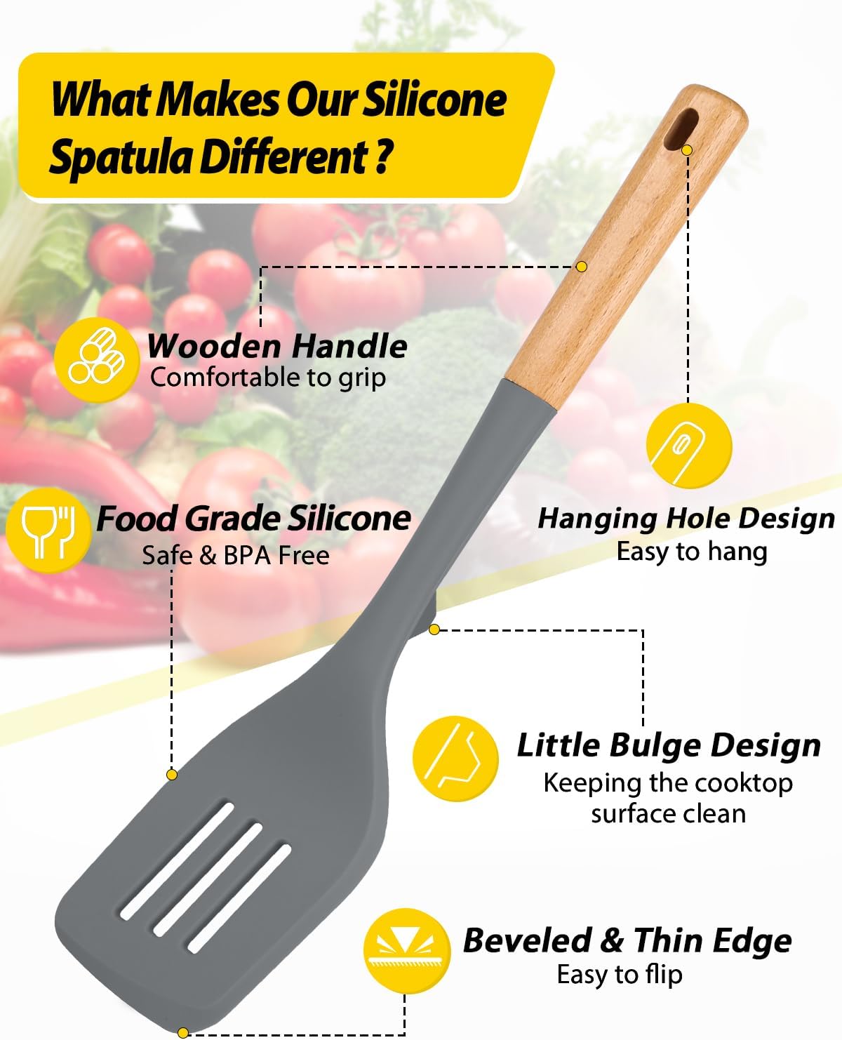 Pack of 2 Large Silicone Spatula, Heat Resistant Solid Turner, Non Stick Slotted Spatulas with Wooden Handle, Ideal Kitchen Utensils for Flipping, Pancakes, Eggs, Fish(GRAY)