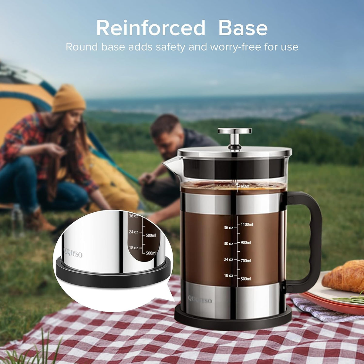 QUQIYSO French Press Coffee Maker 51oz 304 Stainless Steel French Press with 4 Filter, Heat Resistant Durable, Easy to Clean, Borosilicate Glass Coffee Press, Sliver