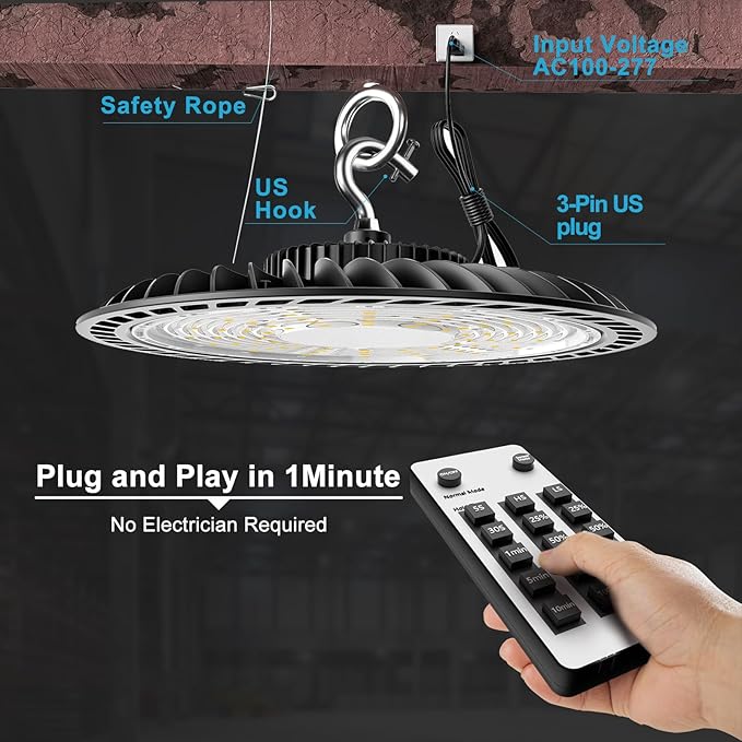 Lightdot Smart 300W LED High Bay Light 45000lm 5000K Commercial Bay Lighting AC100-277V UFO LED High Bay Shop Lights with Controller Supports Normal Mode & Motion Mode-6Pack