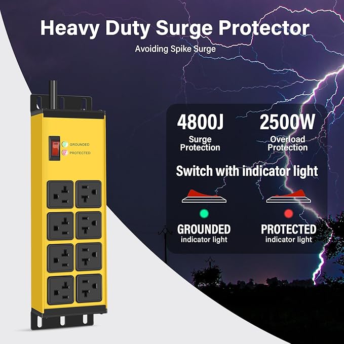 CCCEI Magnetic Heavy Duty Power Strip Surge Protector 20Amp, 12 Gauge High Amp Extension Outlets, Garage Wall Mount 8 Plug Metal Power Strip. 6FT, Yellow, 5-15P Adapter 6-20R T-Slot 20a for Appliance