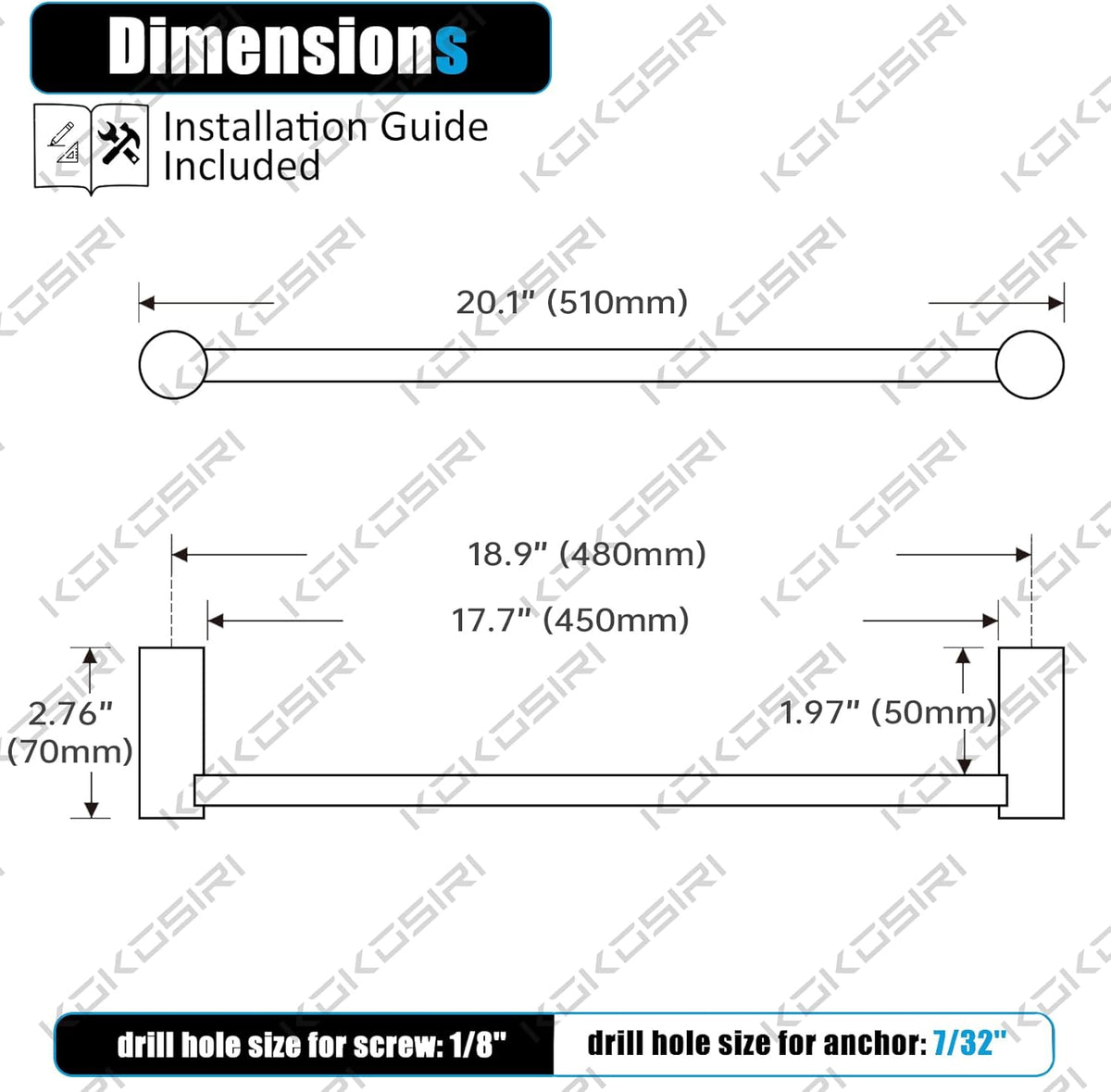 KOKOSIRI Towel Bars for Bathroom Wall Mounted 20'' Towel Rack Polished Chrome Single Rod for Lavatory Bathroom Hardware Stainless Steel, B4007CH-L20