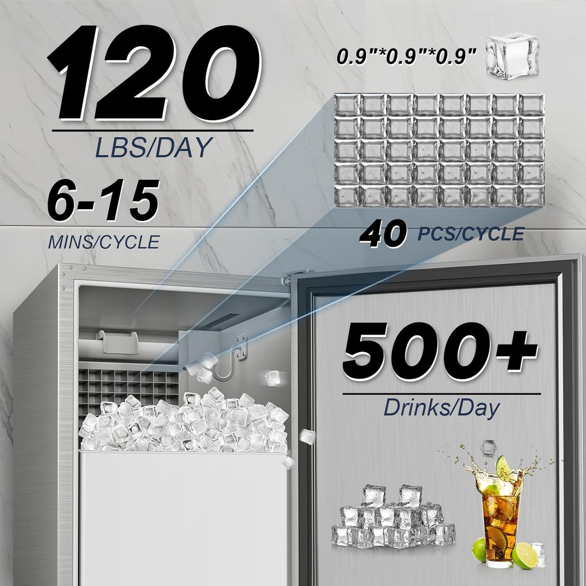 Under Counter Ice Maker Machine - 120 LBS/Day, Built in/Freestanding Placed, Auto-Cleaning,Reversible Door, Built 25LBS Ice Storage, Stainless Steel Ice Machine for Home & Commerial Outdoor Use