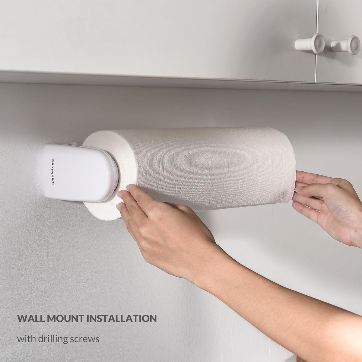 simpletome Paper Towel Holder Under Cabinet or Wall Mount ONE Hand Operation Tension Arm Kitchen Roll Holder (White, for 18-23cm/7-9inches roll)