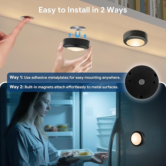 Yiliaw LED Puck Lights with Remote Control, AA Battery Operated, 12 Color Closet Under Cabinet Lighting, Push Tap Light, Under Counter for Kitchen, 6 Pack, Black-Magnetic