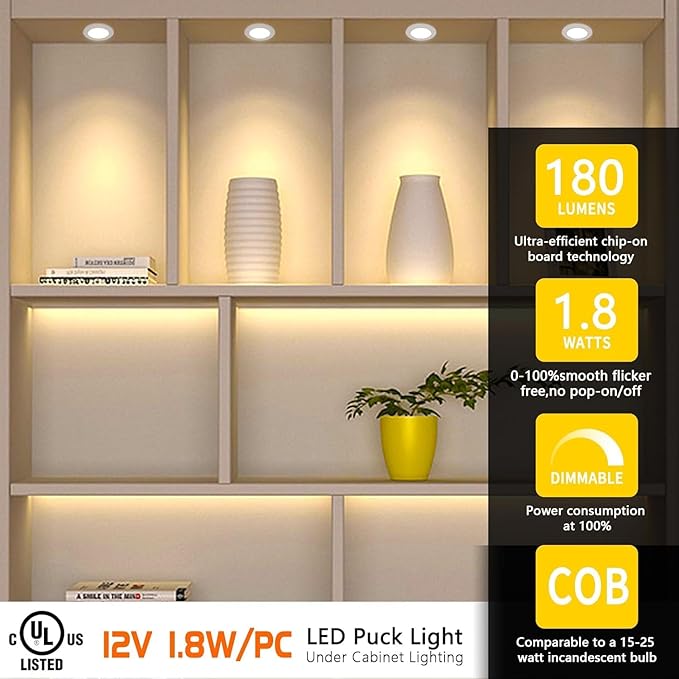 VST Under Cabinet Lights CCT 3000K-6500K, LED Puck Light Color Temperature and Brightness Adjustable with Touch Remote Dimmer ETL-Listed LED Driver for Drawer Wardrobe Kitchen (10Pcs White)