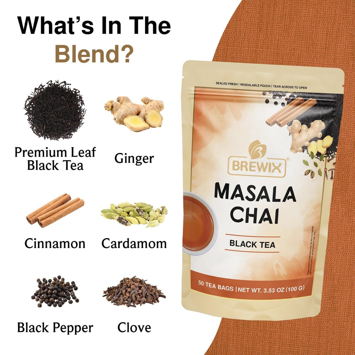 BREWIX, Masala Chai Tea Bags (50 Pyramid Tea Bags) Strong, Robust & Spicy - Pure Ingredients | Black Tea, Cinnamon, Ginger, Black Pepper, Cardamom & Cloves, Packed in Resealable Ziplock Pouch