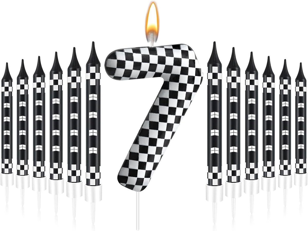 13 Pcs Racing Cars Themed Birthday Candles Black and White Race Number 7 Checkered Candle Cake Topper for Racing Car Party Decoration Supplies (Number 7)