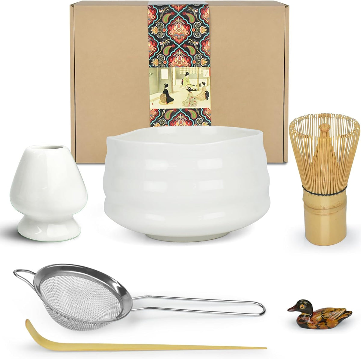 Artcome Matcha Ceremony Kit for Japanese Tea Ceremony, Traditional Matcha Bowl, Whisk, Tea Scoop, Matcha Powder Strainer, Matcha Tea Set For Making Usucha, Koicha and Matcha Latte (White)