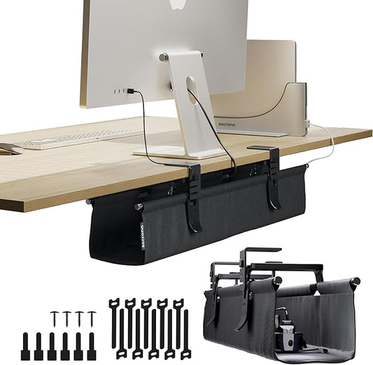 Ascrono Original No Drill Under Desk Cable Management Tray 27.3" - Premium Black Fabric Cable Management Under Desk - Clamp/Screw Mount Cord Organizer - Supports Upto 66lbs