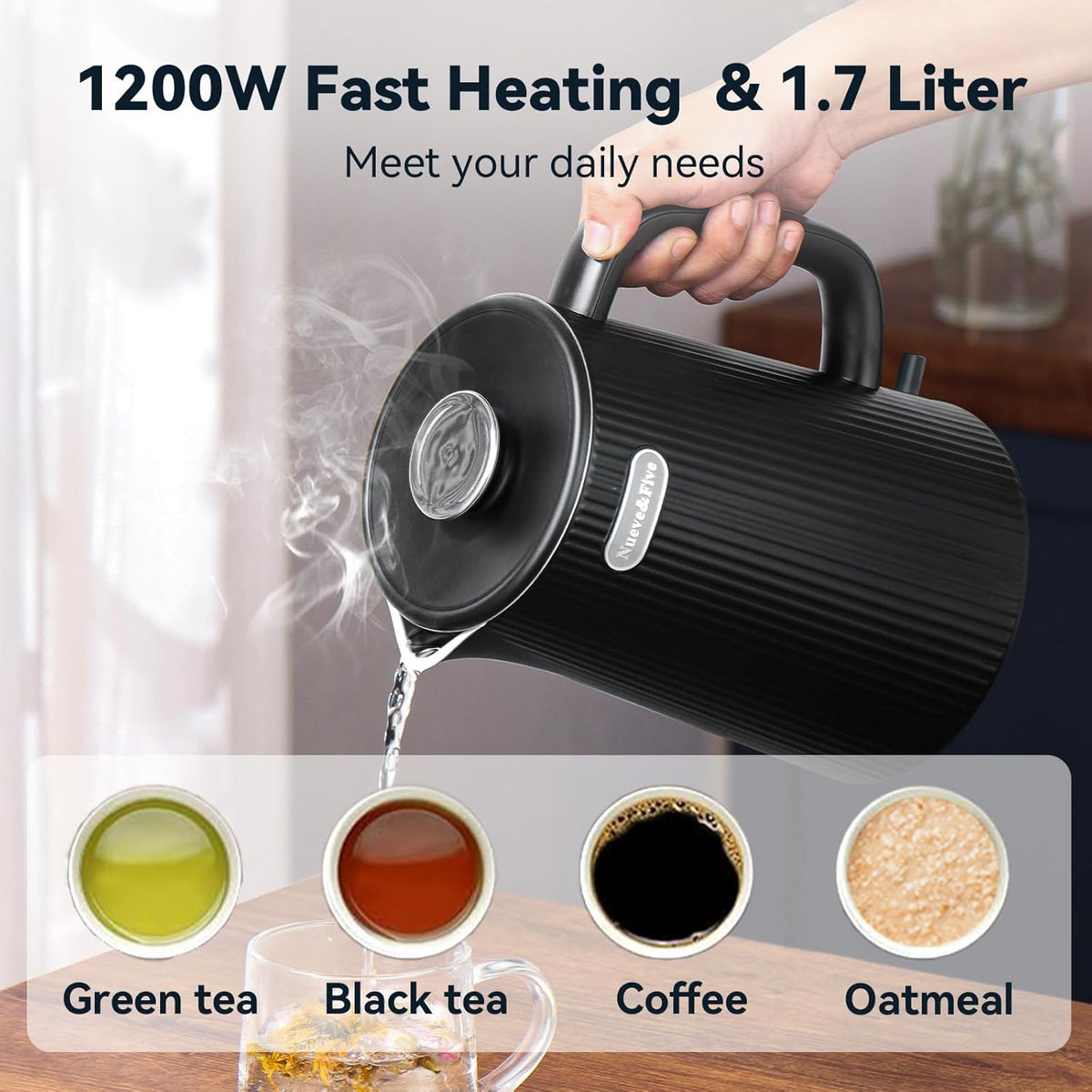 Nueve&Five 1.7L (57oz) Large Electric Kettle Perfect for 7+Cups of Tea and Coffee,2 quarts Double Wall Big Electric Tea Kettle,Auto Shut Off,1200W Hot Water Kettle Electric-Black