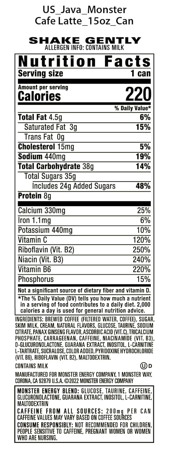 Monster Energy Java Café Latte, Coffee + Energy Drink, 15 Ounce (Pack of 12)