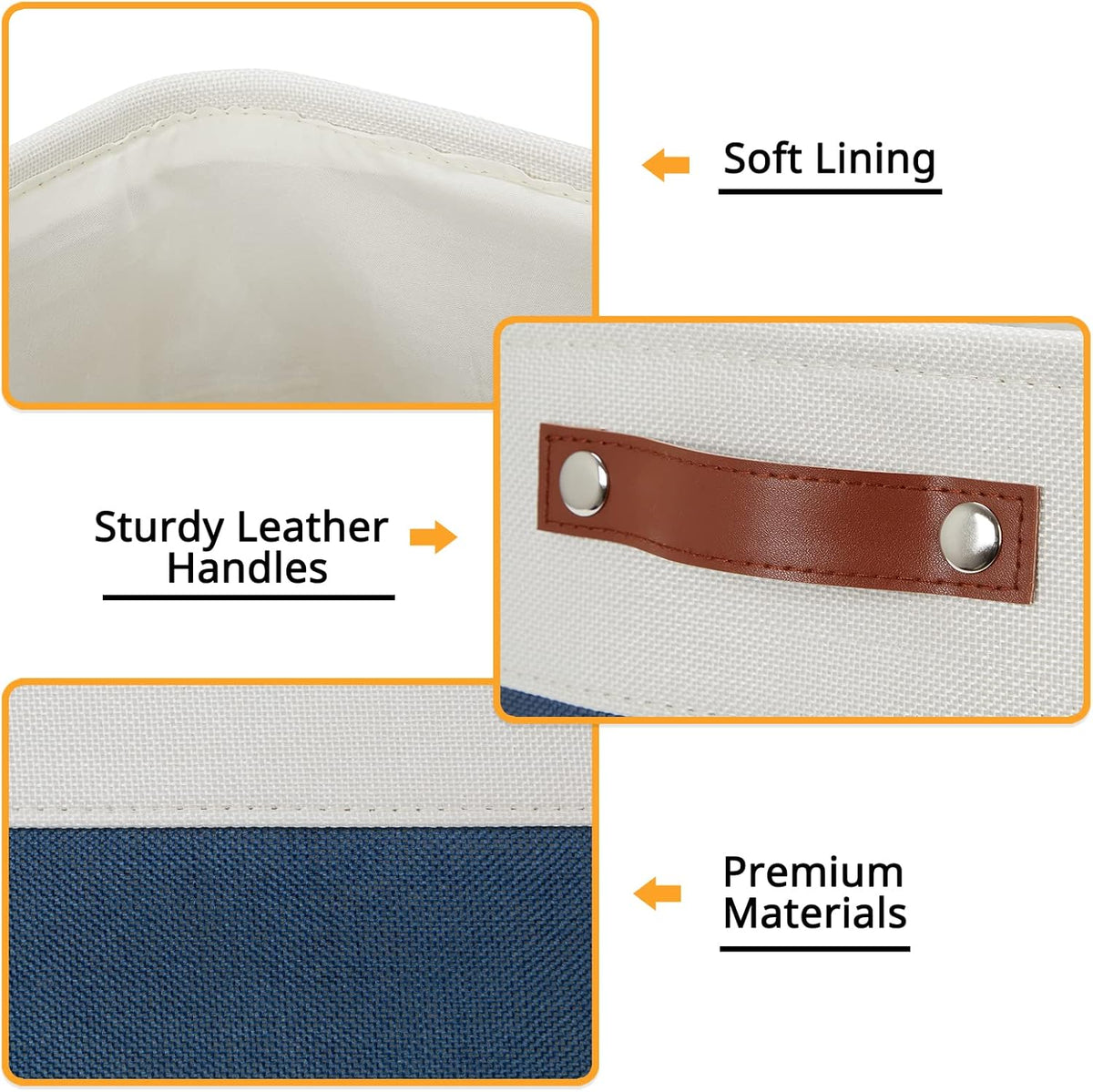 DULLEMELO Foldable Storage Cubes 12 x 12 Organizer Bins,Canvas Storage Bins Empty Gift Baskets for Organizing with SturdyLeather Handles, Closet Baskets for Nursery Storage(4 Pack - 12" White&Blue)