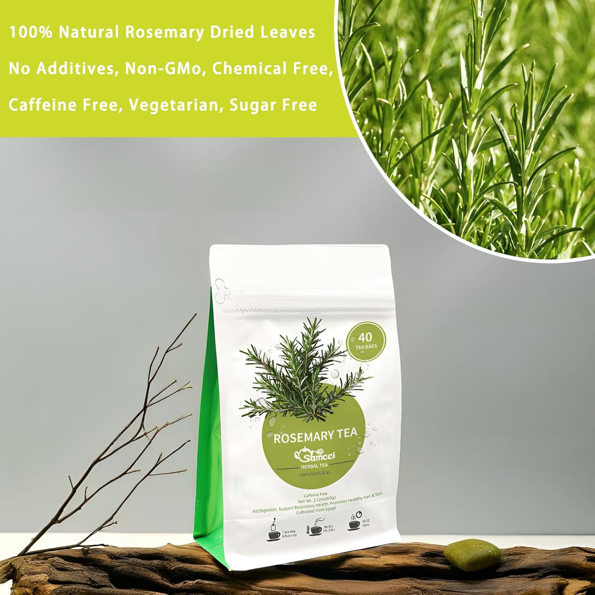 Samcci - Rosemary Tea, 40 Teabags, 1.5g/bag - Pure Dried Rosemary Leaves Tea Bags- Cultivated From Egypt - Non-GMO - Caffeine-free - Support Respiratory Health & Support Hair Growth