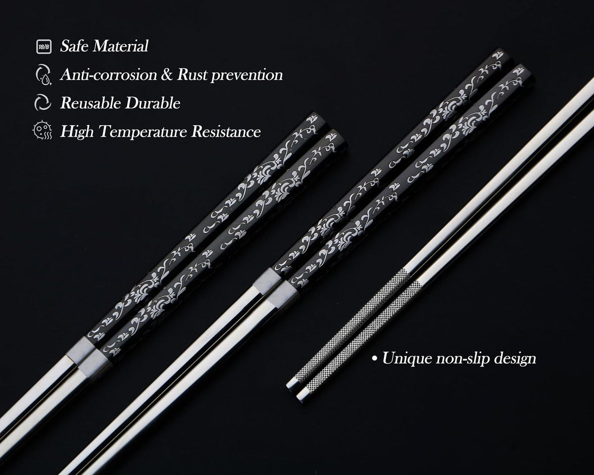 Metal Chopsticks With Case Stainless Steel Chopsticks Titanium Plated Reusable Chopstick lightweight Engraved Non-slip 18/10 Korean Japanese Chinese Chopsticks,Dishwasher Safe 2 Pairs Set(BJ-Black02)