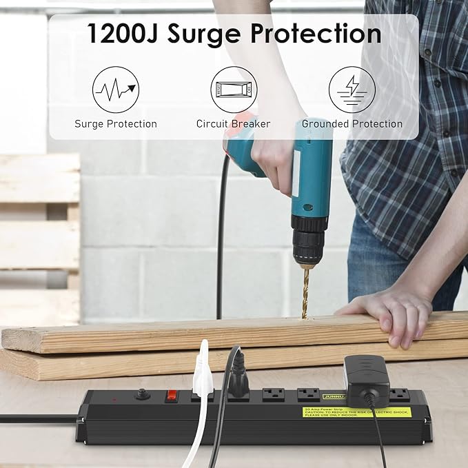 JUNNUJ Heavy Duty 20 Amp Power Strip 2 Pack, High Amp Surge Protector 6 Outlet, 20A Power Workshop Industrial Outlets Wide Spaced 6-20R T-Slot with Circuit Breaker,12 Gauge Extension Cord 6ft