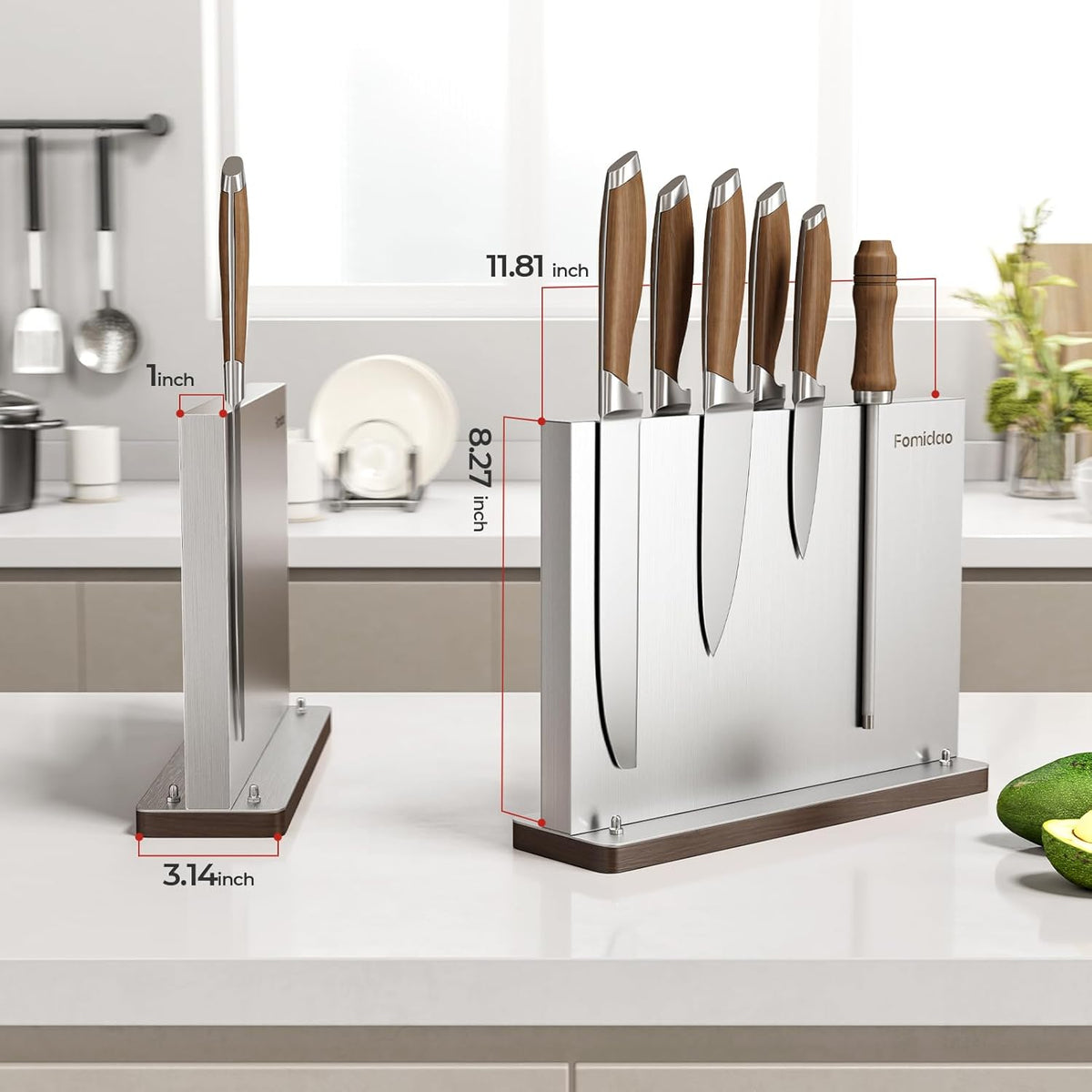 Magnetic Knife Block,Stainless Steel Magnetic Knife Holder Rack for Kitchen Counter,Strong Double Sided Magnet Knife Storage Stand with Wood Base