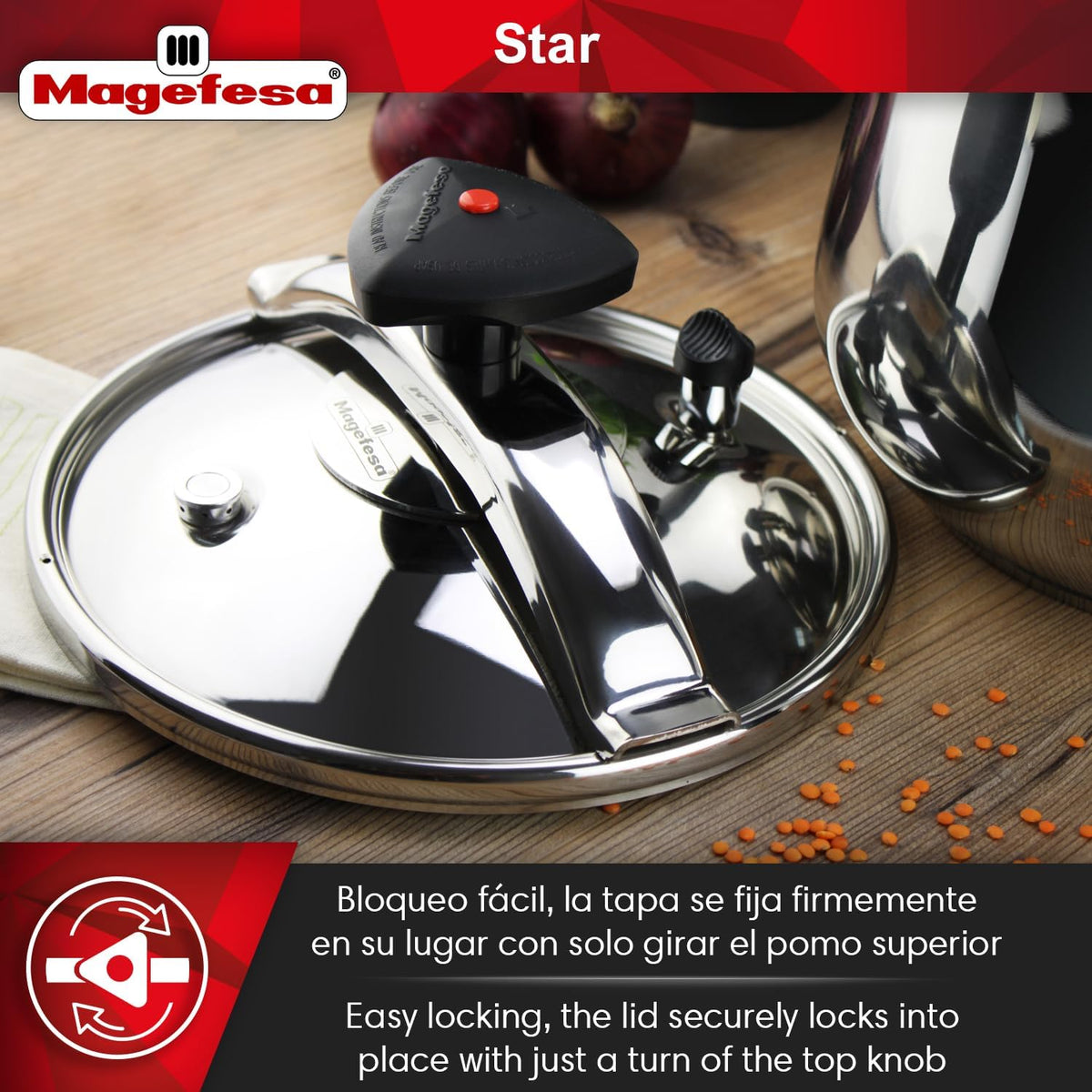 MAGEFESA Star Pressure Cooker, 4.2-Quart, 18/10 Stainless Steel, Works on All Stovetops (Induction Compatible), Safety Lock & 8 PSI Cooking
