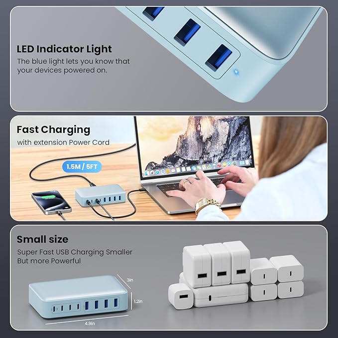 USB C Charger 200W USB C Charger Block,Upgraded GaN III 8-Port Fast Charging Station Hub,PD 65W Laptop Charging Adapter Compatible with MacBook Pro/Air,DELL,Steam Deck,iPhone 16/15/14,Galaxy S23/22