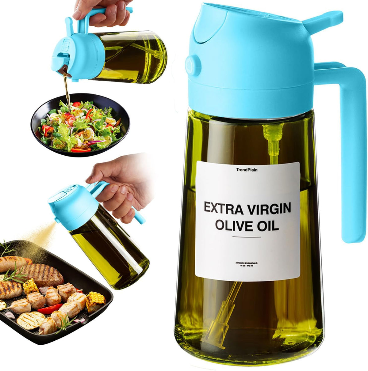 TrendPlain - Original 16oz/470ml Olive Oil Dispenser Bottle for Kitchen Gadgets and Air Fryer Accessories - Olive Oil Sprayer for Cooking w/Stickers - Sky Blue