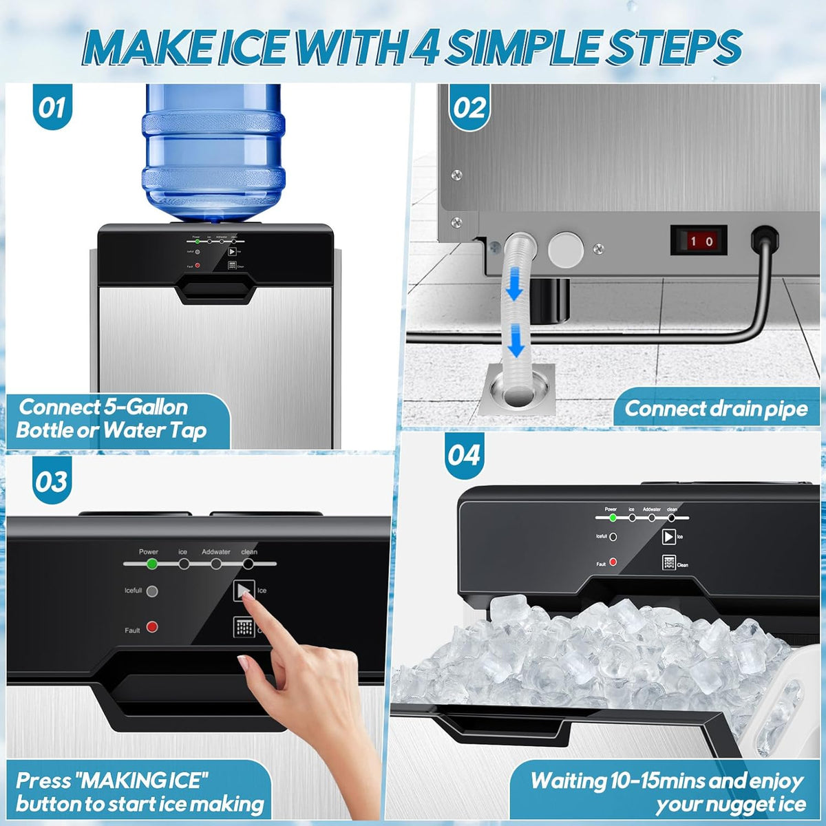 Nugget Ice Maker Countertop, 80Lbs/24H with 20LBS Ice Basket - Dual Water Inlet (Tap/Bottle), Self-Cleaning Stainless Steel Pellet Ice Machine, Chewable Ice Dispenser for Home, Kitchen, Office