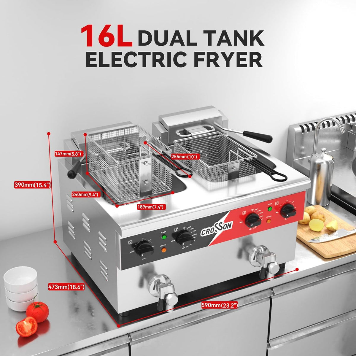 CROSSON 16L Dual Tank Countertop Electric Deep Fryer with "Swing-up and Hold",Drain Valve,Strech forming Oil Tank and Solid Wire Mesh Basket for Restaurant Use 120V,3600W Commercial Deep Fryer