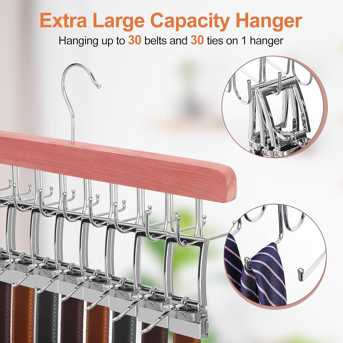 TOPIA HANGER Cedar 2 Pack 2 in 1 Belt Tie Hanger for Closet Max 60 Belts with 60 Ties Capacity, 20 Hooks Belt Tie Racks Hanger for Closet Organizer Storage Curved Fit Belt and Flat Fit Tie - CT60C