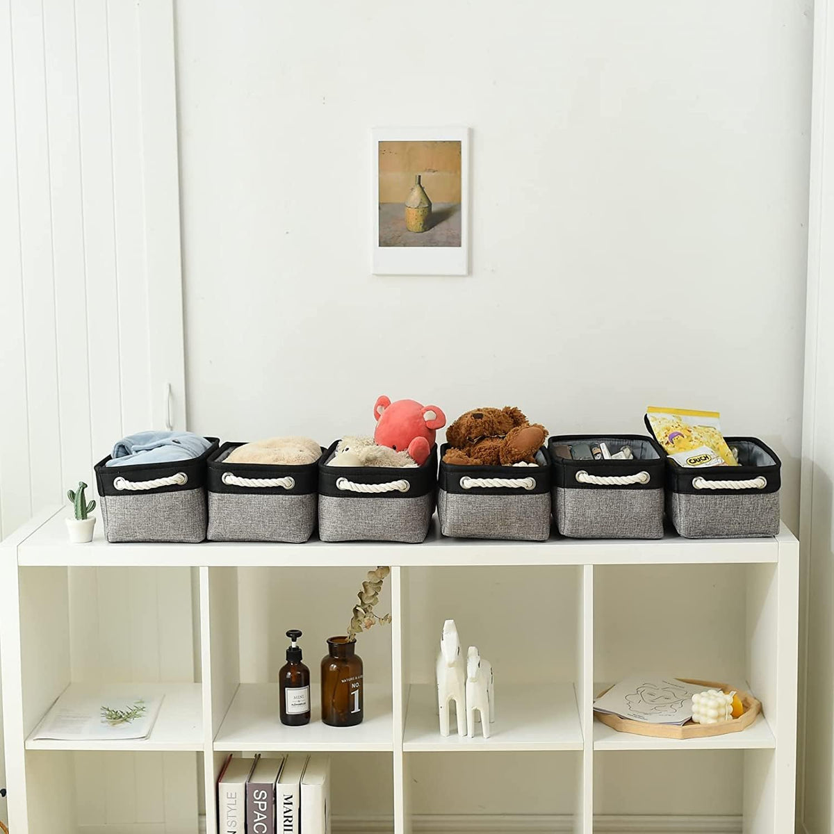 TheWarmHome Storage Basket for Organizing - 12x8x5.2 inch Small 6 Pack Collapsible Storage Bin for Shelves with Rope, Fabric Storage Cubes for Cloth Gift Toy Decorative Organizer (Black & Grey)