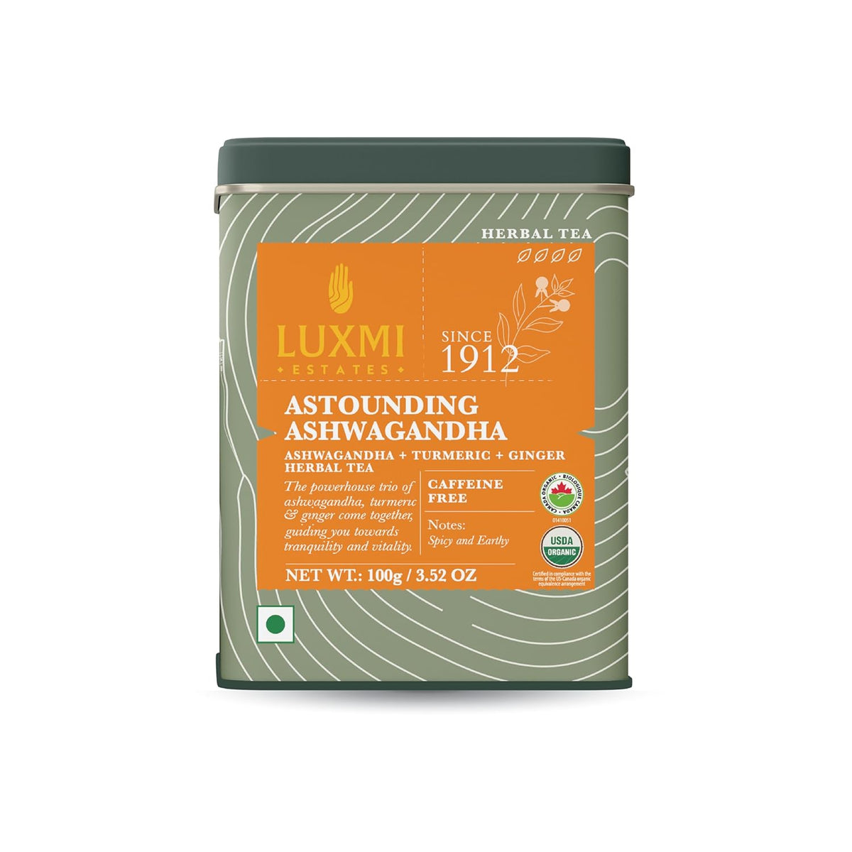 Luxmi Estates - Astounding Ashwagandha - Organic Loose Leaf Tea - 100g (50 Cups) | With Ashwagandha, Turmeric, Ginger, Lemongrass & More | Perfect Stress Relief Tea