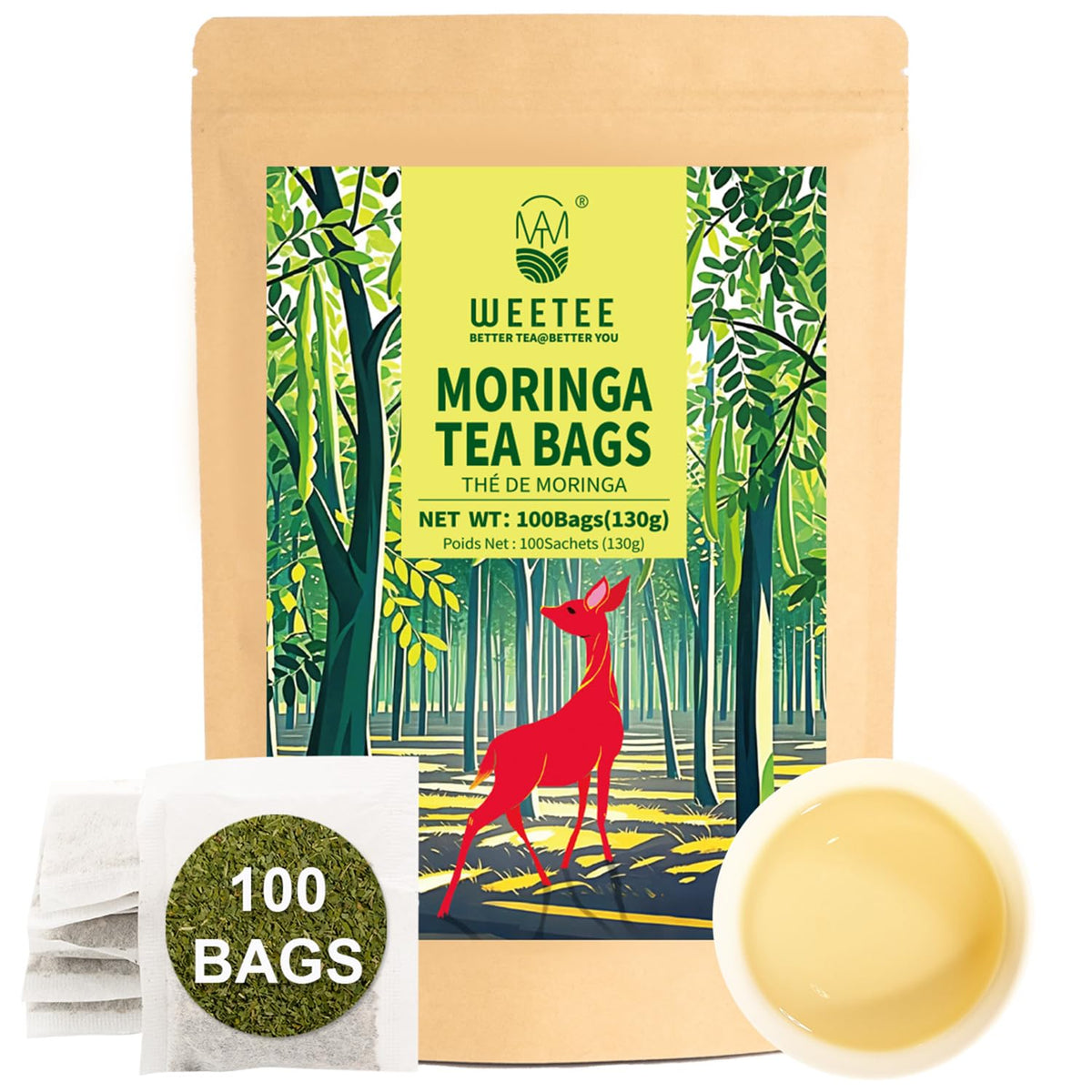 WT WEETEE Moringa Tea Bags 100 Count, 100% Pure Dried Moringa Leaves, Caffeine Free Nutrient-Dense Herbal Tea, Earthy Spinach Aroma & Bold Fermented Bean-Like Flavor