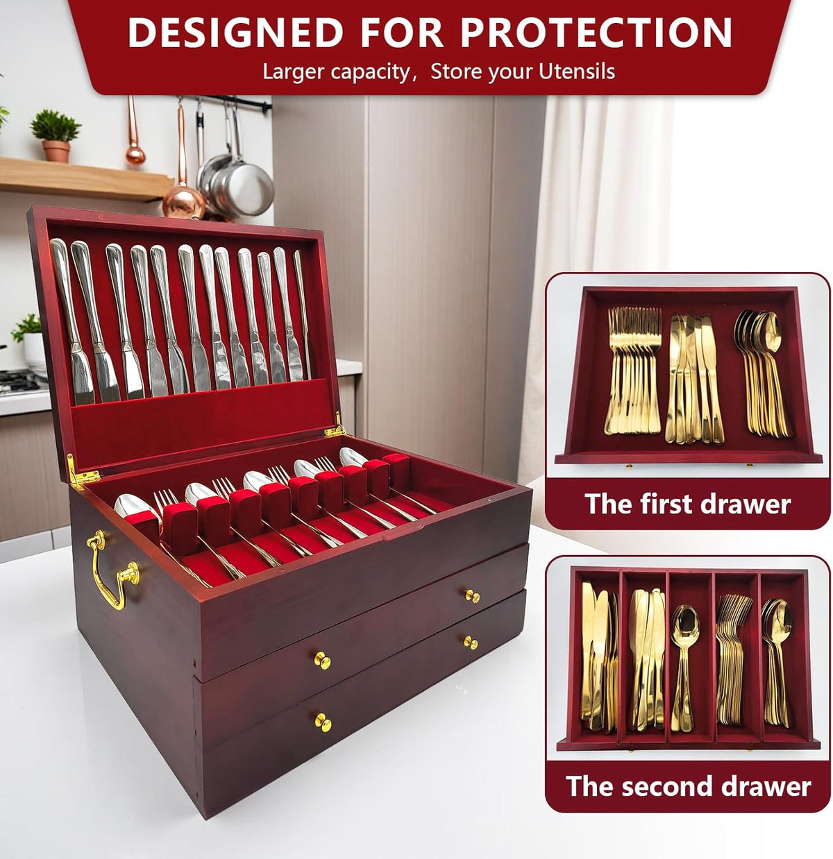 Silverware Storage Box, Kitchen Drawer Organizer, Drawer-containing flap-type storage box, Wood Chest, with Tarnish Proof Felt Lined, Storage Silver Chest for Kitchen (3 layer)