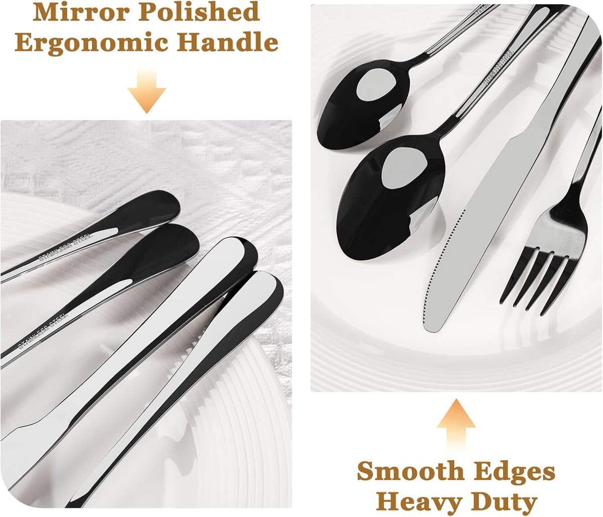 Astercook Silverware Set 48-Piece Black Flatware Set with Steak Knives Food-Grade Stainless Steel Cutlery Set for 8 Mirror Polished Utensils Set Include Spoons and Forks for Home Kitchen Restaurant