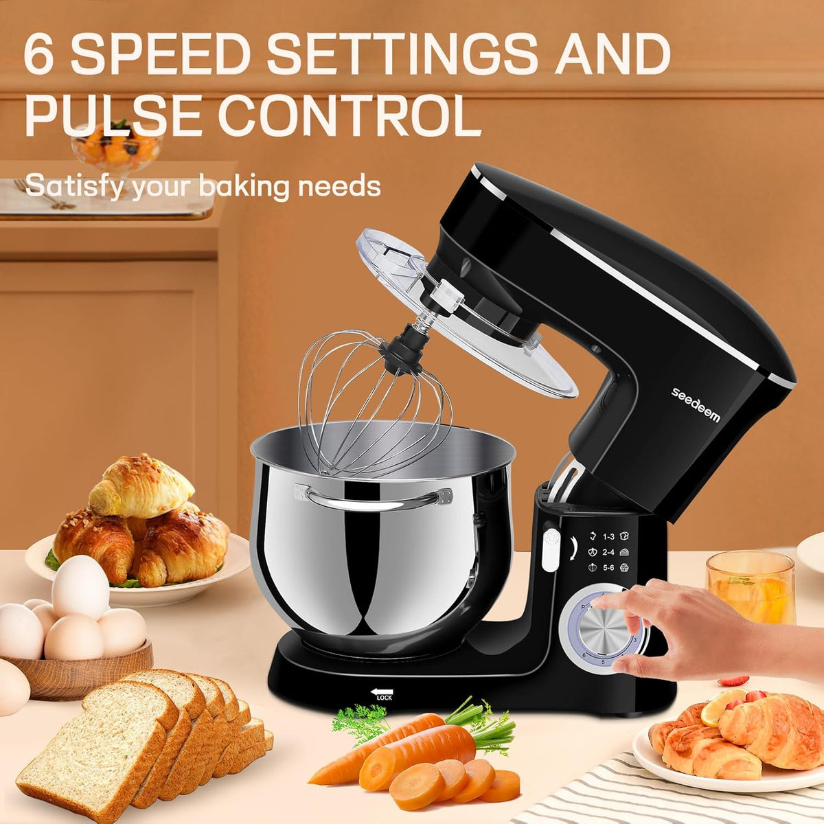 SEEDEEM 8.5 Qt Stand Mixer, 660W 6+P Speeds Electric Stand Mixer, Tilt-Head Kitchen Mixer with Dishwasher-Safe Dough Hook, Wire Whip & Beater for dough mixer Baking Daily Use, Black