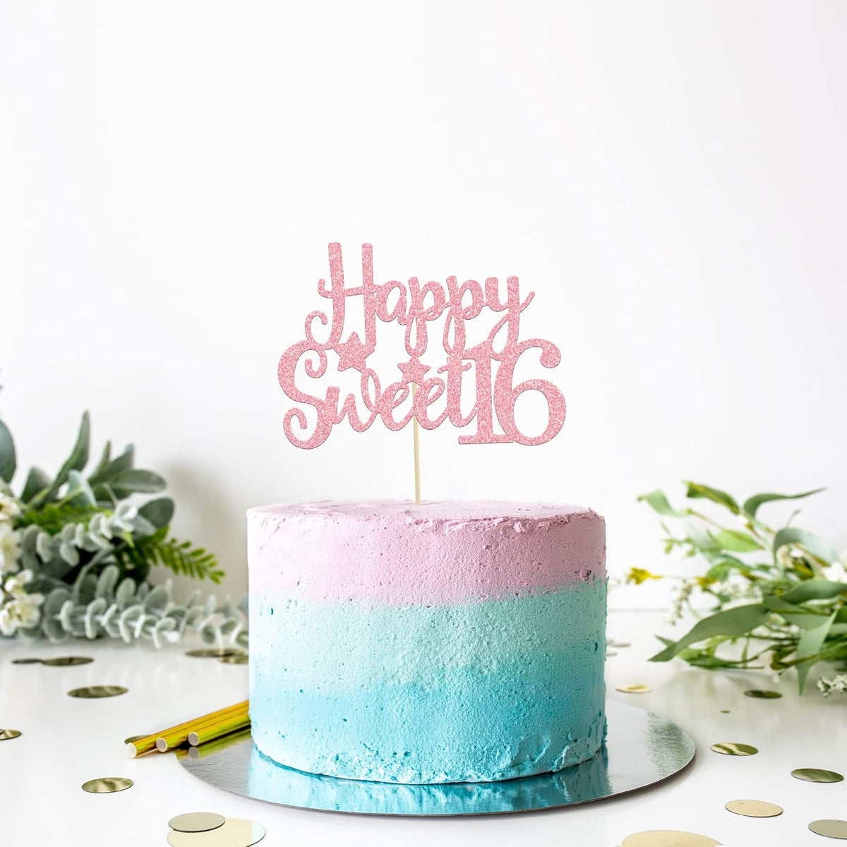 Gyufise 1Pc Pink Glitter Happy Sweet 16 Cake Topper 16th Birthday Cake Topper Sweet 16 Decorations 16th Birthday Decorations