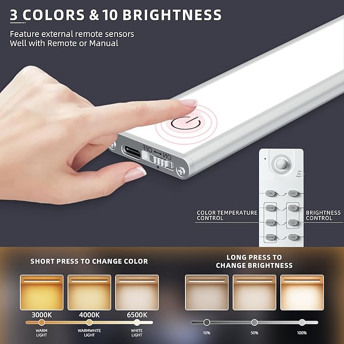 276 LED Under Cabinet Lights Wireless with Full Lighting,Rechargeable Closet Lights with Remote and Motion Sensor Indoor,Under Counter Light with CCT and Dimmable for Kitchen,Stair(3 Pack,31.5inch)