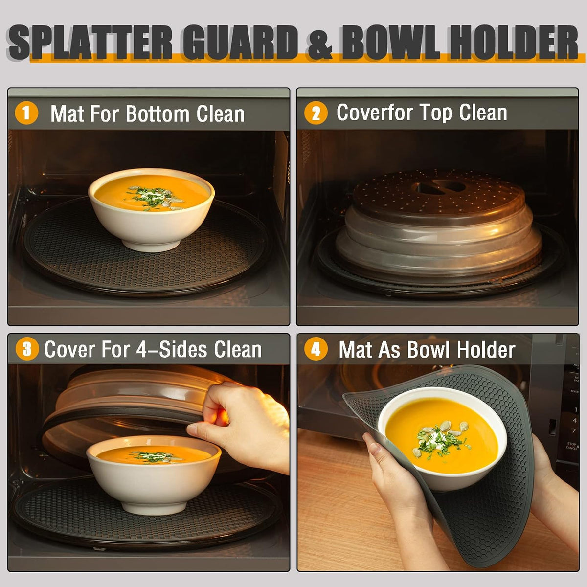 4 in 1,WENWELL Vented Collapsible Microwave Splatter Cover & Mat,Kitchen dish bowl Plate lid for Food,Dishwasher-Safe,BPA-Free Silicone & Plastic