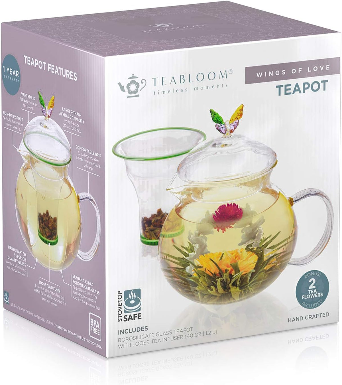 Teabloom Wings of Love Teapot - 40 oz. Borosilicate Glass Butterfly Teapot, Loose Leaf Tea Glass Infuser - 2 Free Blooming Tea Flowers included