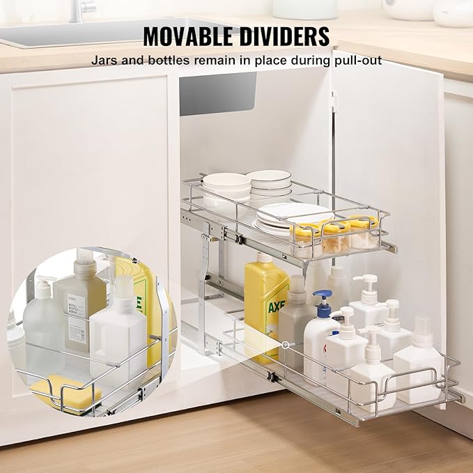 VEVOR Pull Out Cabinet Organizer, 12"W x 21"D Heavy Duty Slide Out Pantry Shelves, Chrome-Plated Steel Roll Out Drawers, Sliding Drawer Storage for Home, Inside Kitchen Cabinet, Bathroom, Under Sink