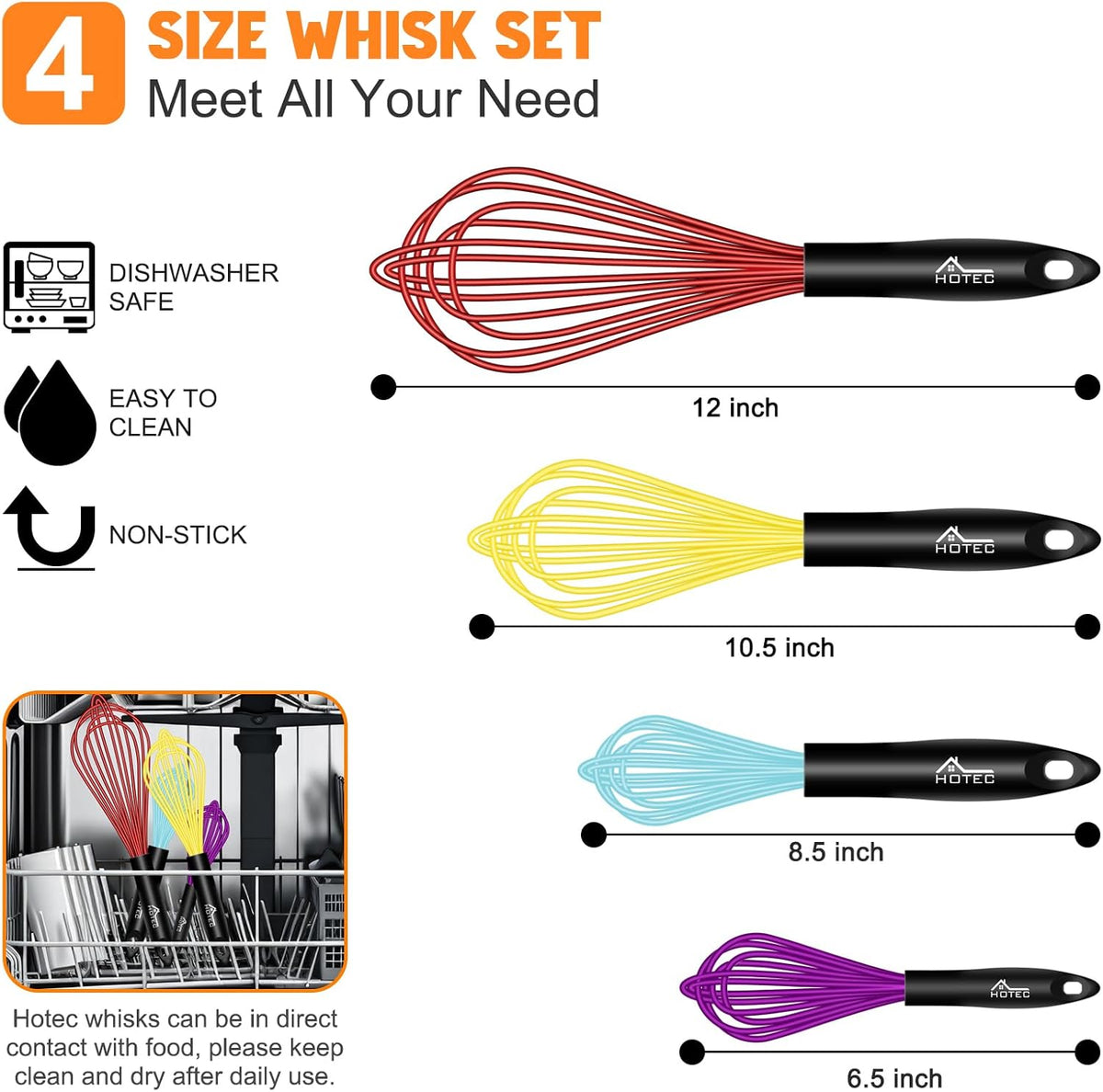 HOTEC 4 Pieces Silicone Whisks Set, Wire Balloon Whisks Egg Beater, Non-slip Handle Whisk for Non-stick Cookware Perfect for Cooking, Stirring, Beating and Blending (Multicolor)