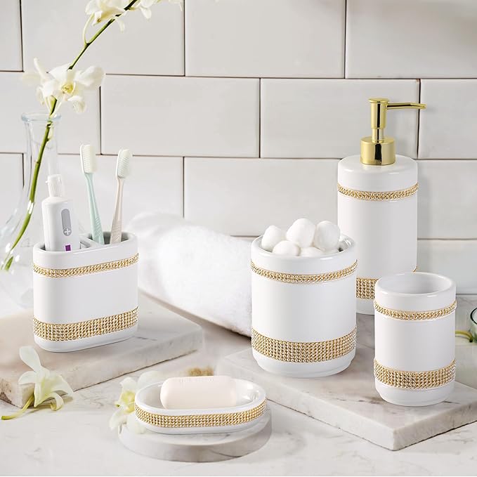 Bathroom Accessories Set with Diamonds 5 Pieces Toothbrush Holder Soap Dispenser Ceramic Bathroom Accessory Set Contain Cotton Swab Jar Toothbrush Cup Soap Dish Tumbler