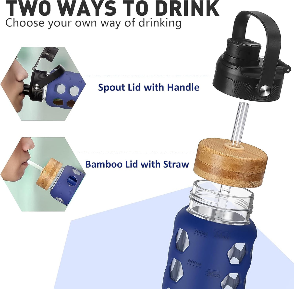 MUKOKO Glass Water Bottles, 24oz Glass Tumbler with Straw, Drinking Bottles with 2 Lids-Handle Spout Lid&Bamboo Straw Lid, Motivational Water Bottle with Time Marker and Silicone Sleeve, 1 Pack-Blue
