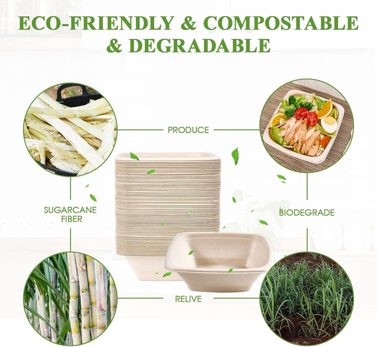 Vplus 180 Pack 24 OZ Paper Bowls Bulk, Square Disposable and Compostable, Eco-friendly Bagasse, Heavy-duty Bowls Perfect for Milk Cereals, Snacks, Salads