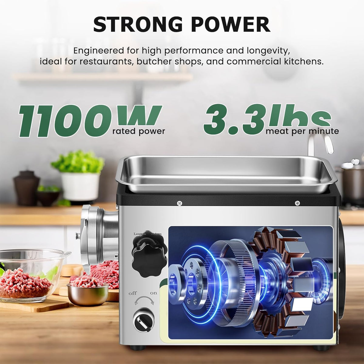 Huanyu Electric Meat Grinder 1100W Stainless Steel Meat Grinder Heavy Duty with 2 Blades 4 Plates Commercial Grinders for Restaurants, Butcher Shops 110V 1.5HP